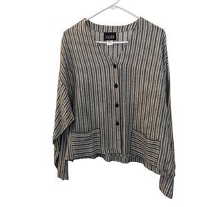 Eileen Fisher Striped Boxy Button Top Linen Cotton Blend Black Cream L